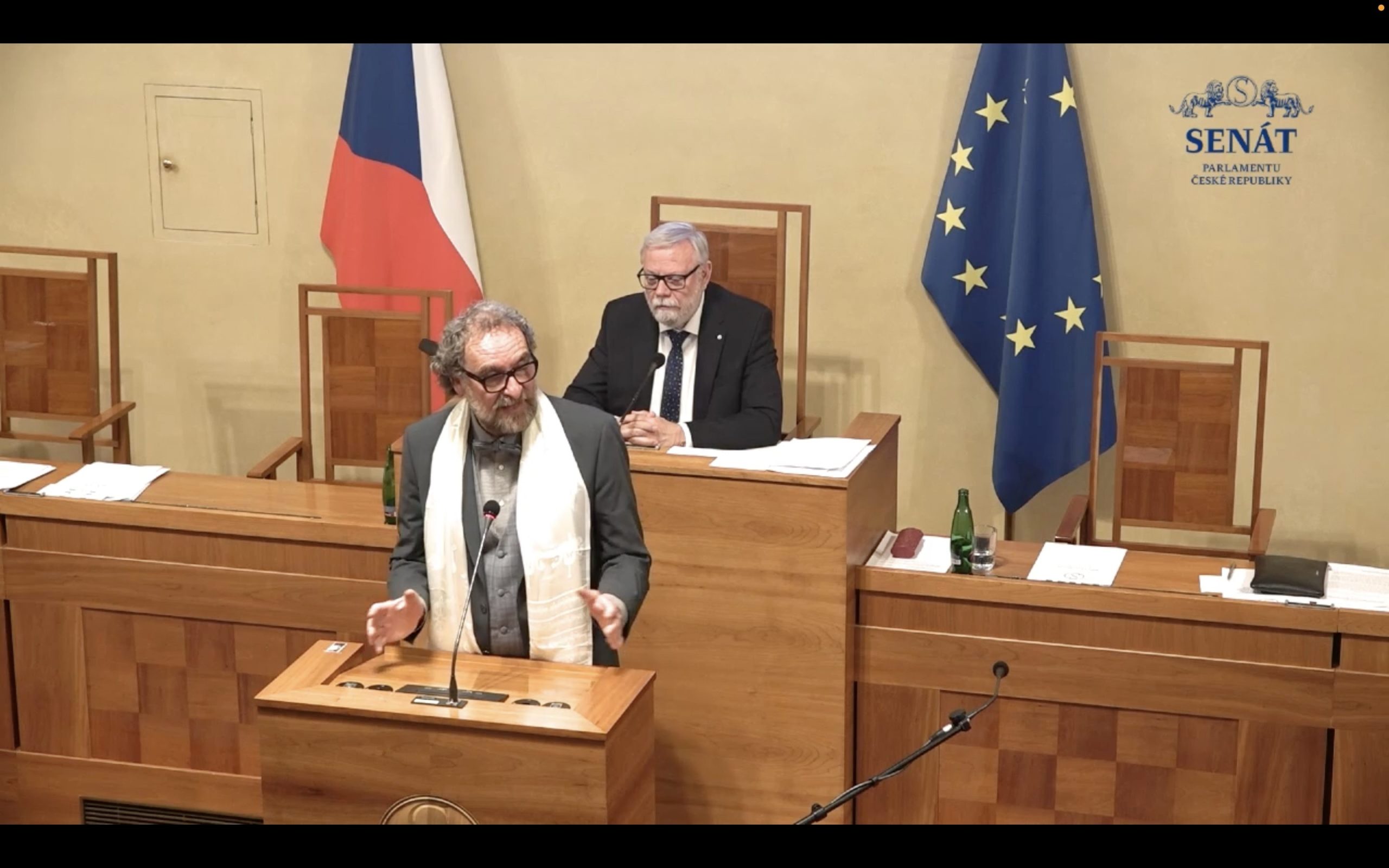 Senator Přemysl Rabas spreekt tijdens het debat in de Senaat