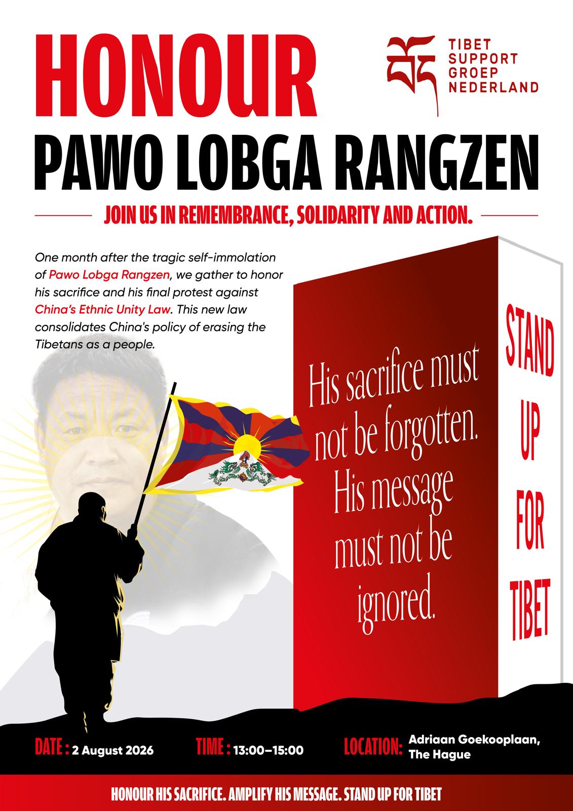 Aankondiging: eer Pawo Lobga Rangzen — kom op voor Tibet, zondag 2 augustus 2026 bij de Chinese ambassade in Den Haag